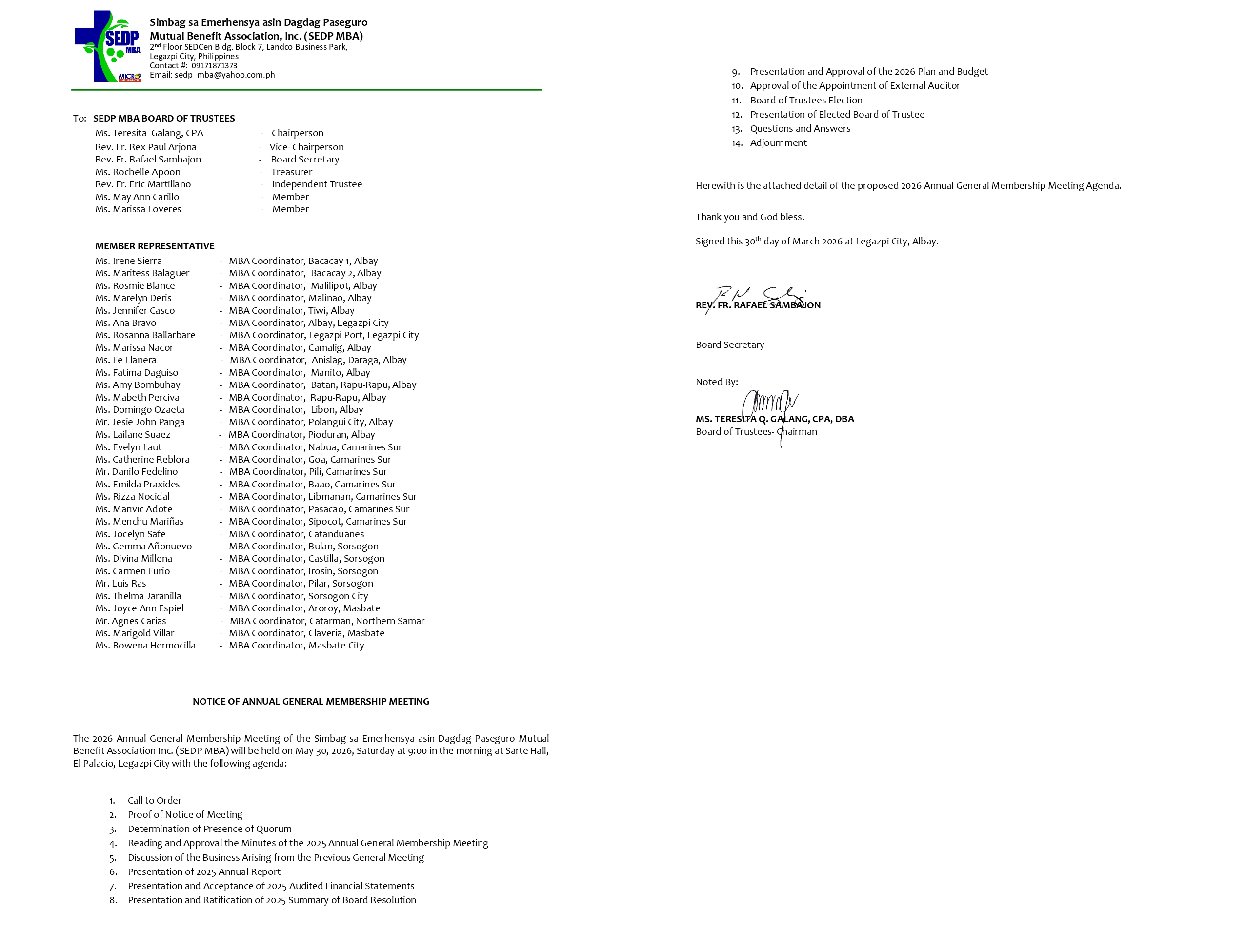 ANNOUNCEMENT OF 2026 ANNUAL GENERAL MEMBERSHIP MEETING